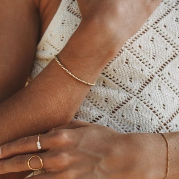 Bundle Set of 2 Waterproof stretch Gold Bead Bracelets Stacking Bracelets - Picture 9 of 15